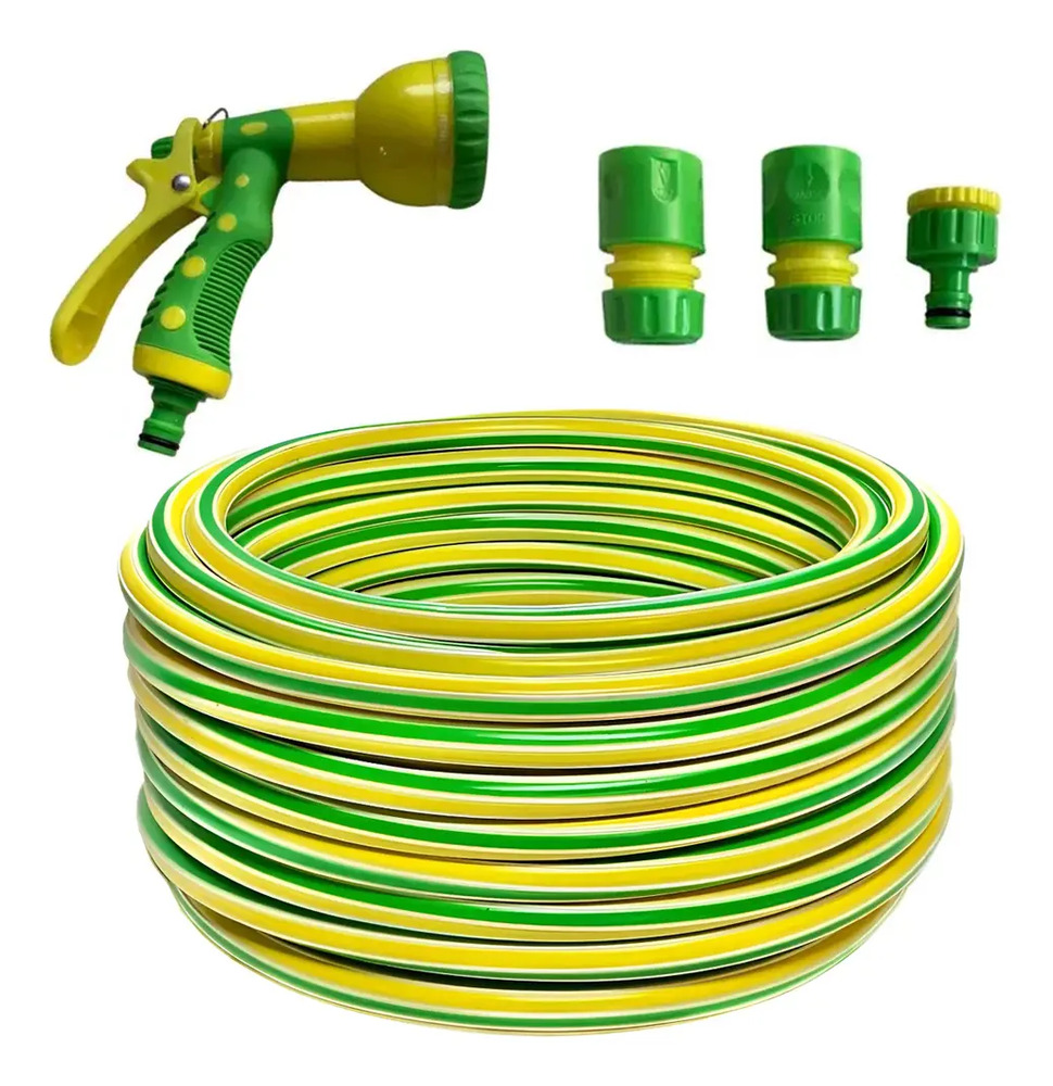 Manguera Riego 3/4 Reforzada X 50 Mts + Accesorios Pistola 7 Verde Y Amarillo